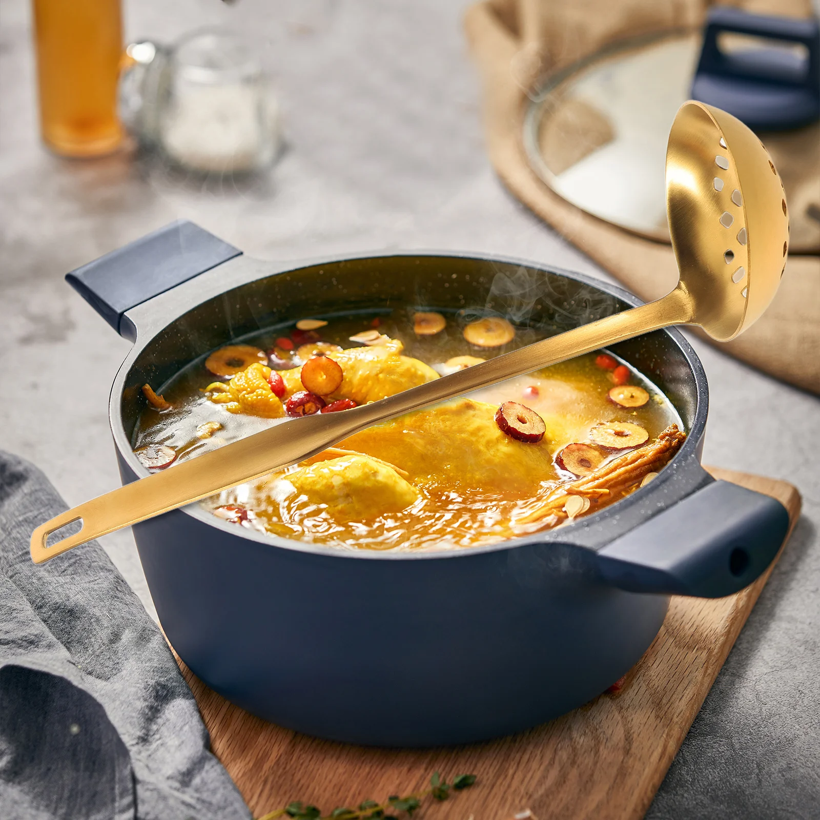 

2Pcs Stainless Steel Soup Ladle Slotted Spoon Set Gold Finish Kitchen Cooking Broth Serving Utensils Skimming Ladle