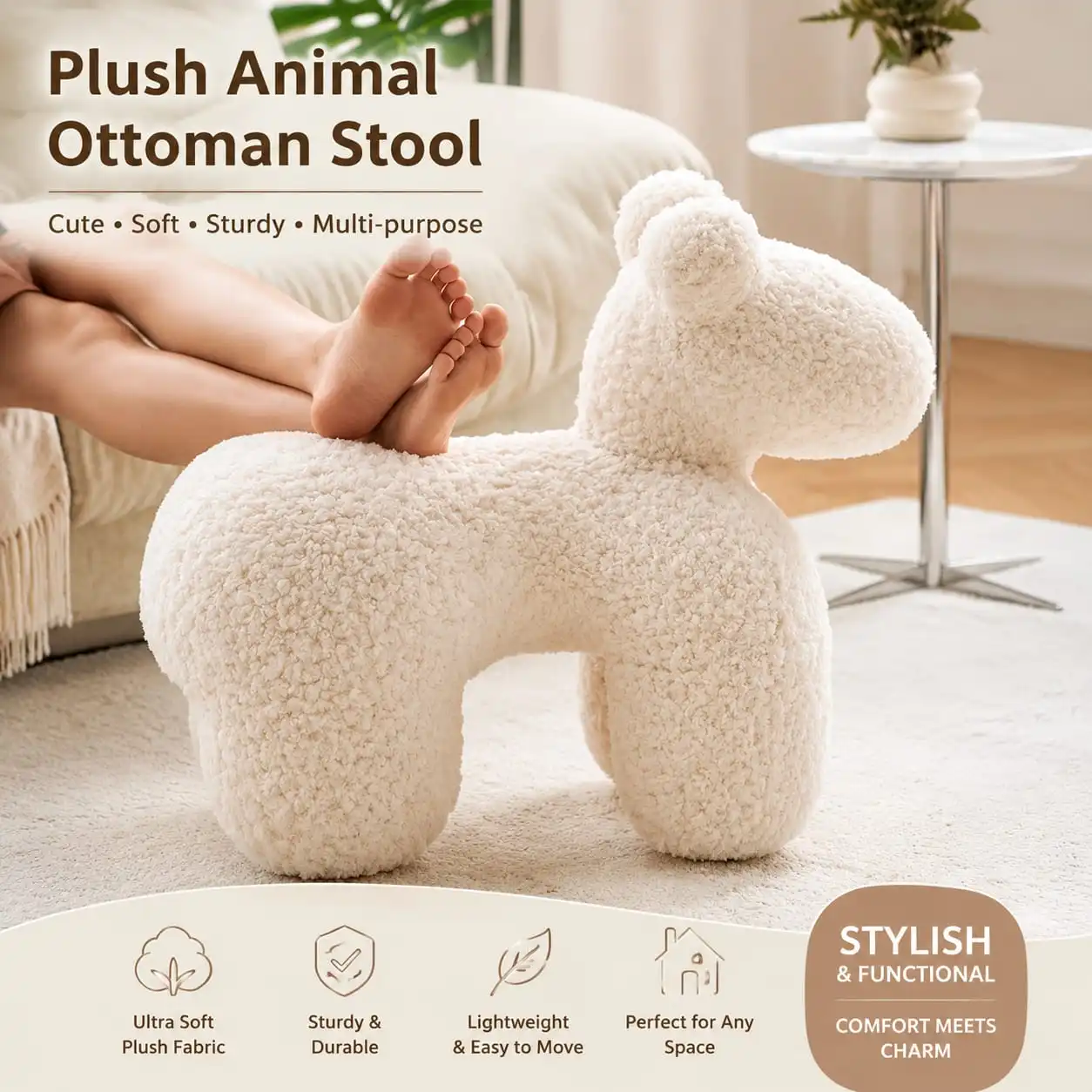 Kids' Lamb-Wool Accent Stool – Soft Cartoon Pony Design for Living Room or Entryway Seating