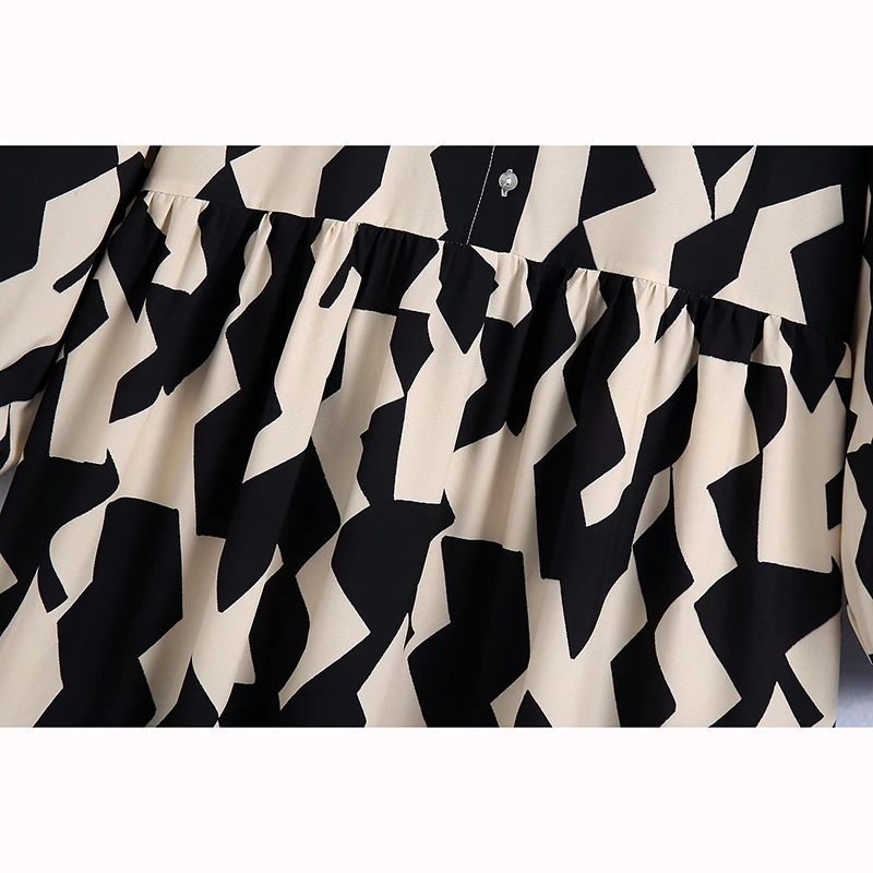 Female Dress Spring Summer New Geometric Print Turn-down Collar High Waist Patchwork Fashion Loose A-line Dress Female Clothing