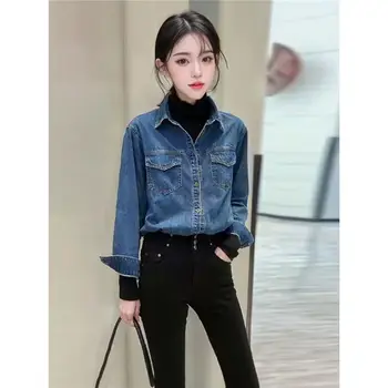 Camicia in denim da donna con colletto polo, strato base, primaverile e autunnale, nuovo design, vestibilità aderente, abbigliamento a strati, manica lunga, origine Cina 6 best sales Crema superiore - №5
