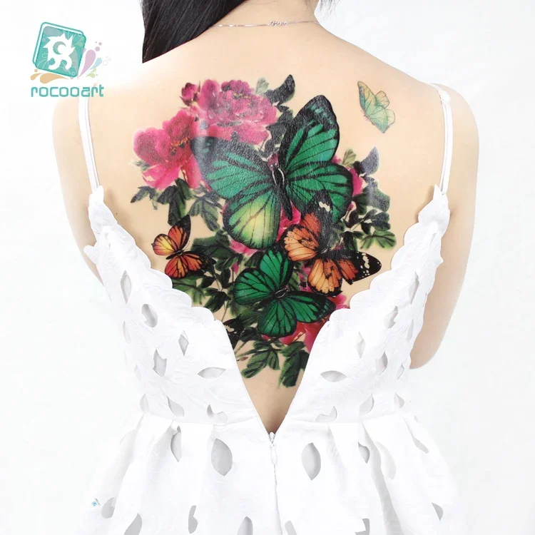 Full Back Tattoo Sticker Butterfly Flower Waterproof Temporary Tattoo Sticker Birds Sexy Colorful Fake Tattoo Tatouage Female