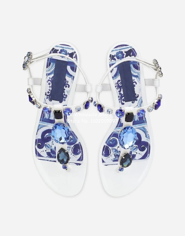 Women Patent Leather Thong Sandals with Embroidery Printed Jewel Flat Buckle Fastening Ankle Strap 35-43 Casual Party Sandals