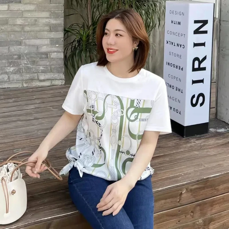 

Plus Size Women Clothing 2022 Summer New Fat Mm Casual Simple Personality Strap Hem Slim Short-sleeved T-shirt