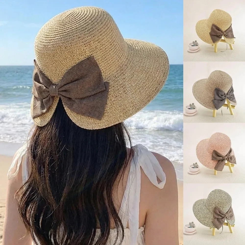 Foldable Women Sun Hat Back Split Bow-knot UV Protection Summer Beach Sun Hat Wide Brim Breathable Women's Straw Panama Hat