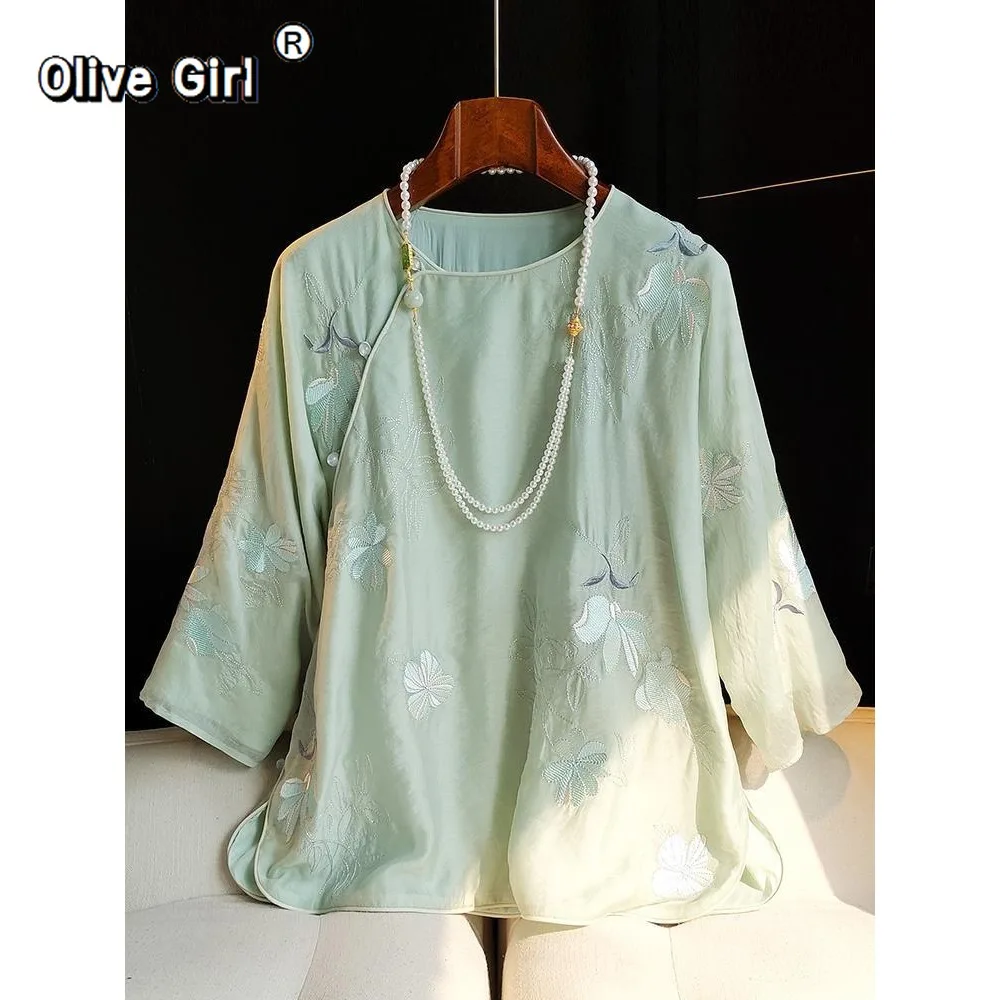 

Embroidered Top Women's Shirt Blouse Summer Improved Chinese Crew Neck Retro Diagonal Placket Buckle Casual National Tide Shirt