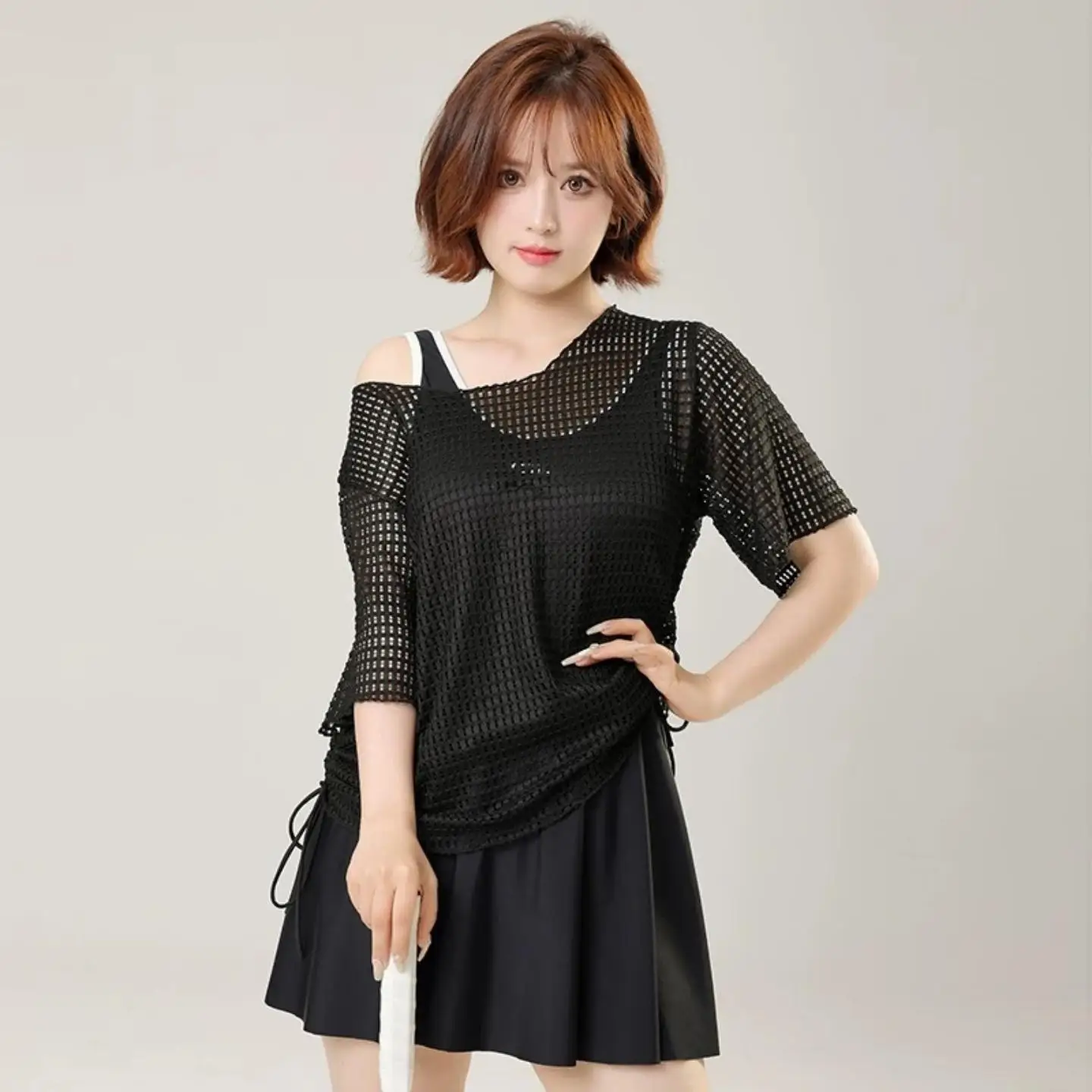 Conservative plus Size  Swimsuit for plus Size Girls Meat Covering Swimwear Short Sleeve Running Sports Pure Color