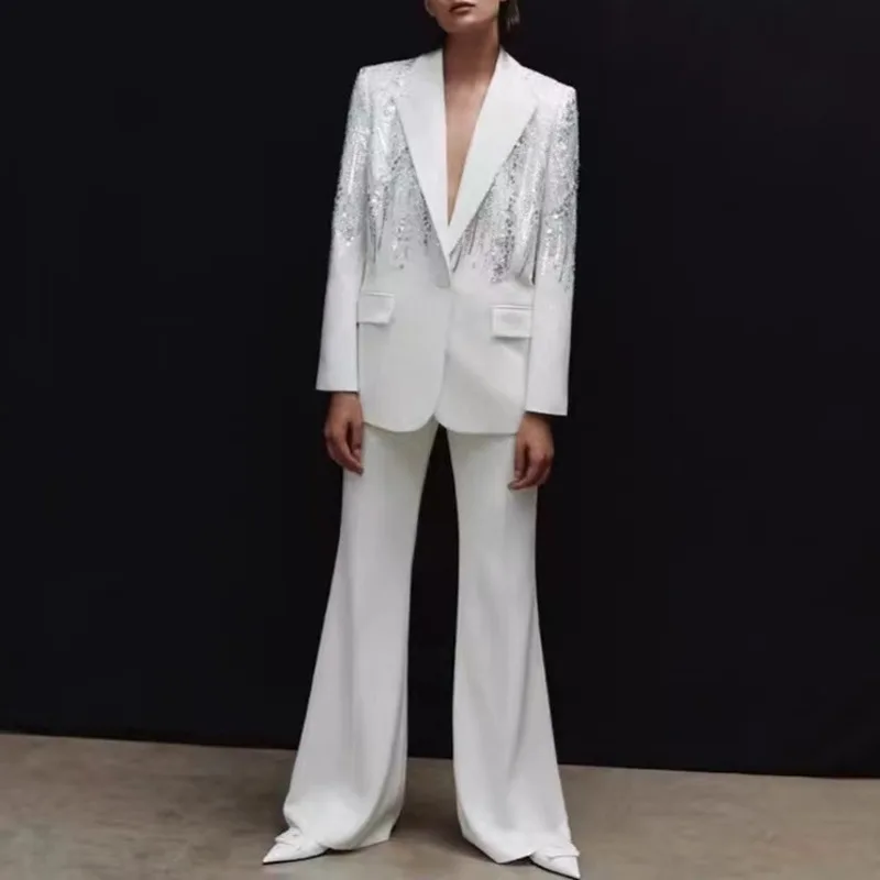 High Street Autumn  Women 2 piece Heavy Craft Sequined Single Button Elegant Fashion Blazer Solid Color Chic Pantsкостюм
