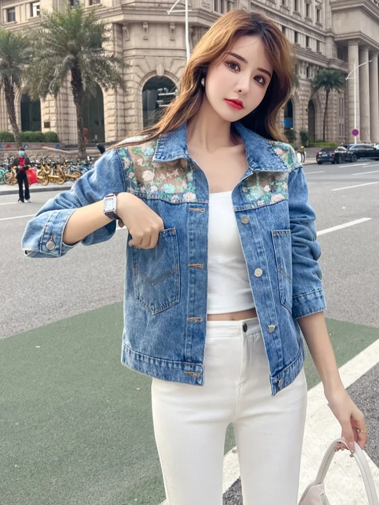 เสื้อแจ็คเก็ตยีนส์ผู้หญิง แต่งเลื่อมหนัก สไตล์แฟชั่น สำหรับฤดูใบไม้ผลิและฤดูใบไม้ร่วง ทรงตรง ใส่ได้หลากหลาย เหมาะสำหรับใส่ไปทำงาน แขนยาว