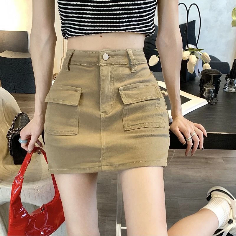 

Denim Cargo Mini Skirt Women Korean High Waist Sexy Hip Hot Tight Skirts Female Skinny Anti-Glare Slim Pocket Short Skirts