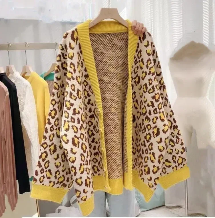 

Leopard Sweater Women Autumn Winter Simple Pullover Pink Cardigan Knit Elastic Jumper Casual Warm Y2k Top Jacquard Jumpers