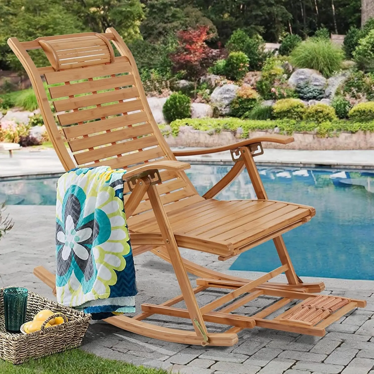 Extra Large Rocking Chair Elderly Stable Garden Recliner Foldable Bamboo Manual Recline, Customized