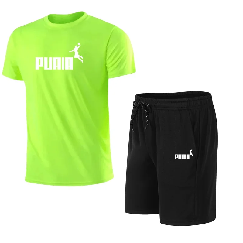 Traje de Fitness transpirable de malla elástica para hombre, camiseta estampada a la moda, pantalones cortos, ropa deportiva informal de dos piezas para correr, entrenamiento, S-3XL de verano