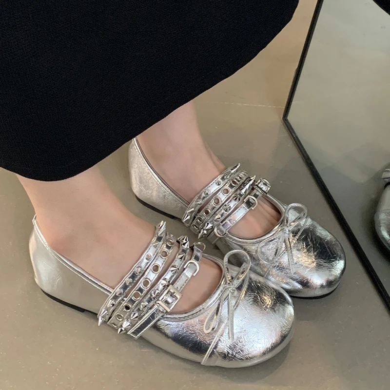 2024 Ladies Ballet Flats Women Lolita Shoes Casual Summer Rivet New Footwear Fashion Mary Jane Butterfly-knot Female Flats Shoes