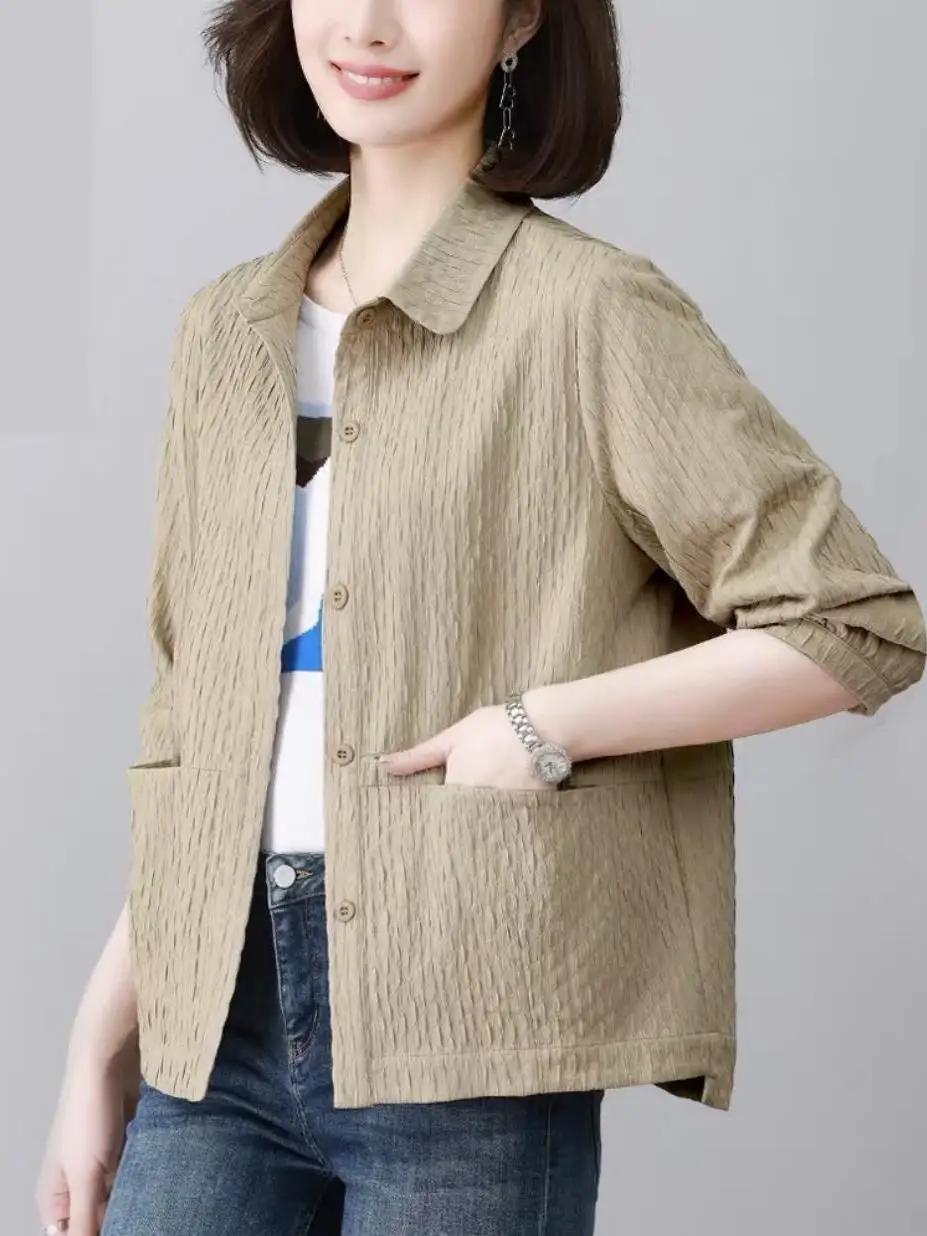 

Casual Loose Long Sleeve Thin Outerwear for Middle-Aged Women Spring Fashion Mom Clothes Pure Color Comfortable Loose Fit