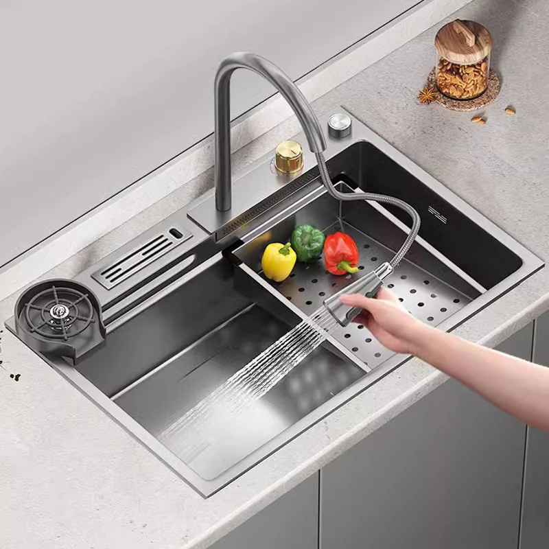 Kitchen Sink Waterfall Handmade Nano SUS304 Stainless Steel Vegetable Washing Basin Pull The Faucet Thickened Large Single Sink