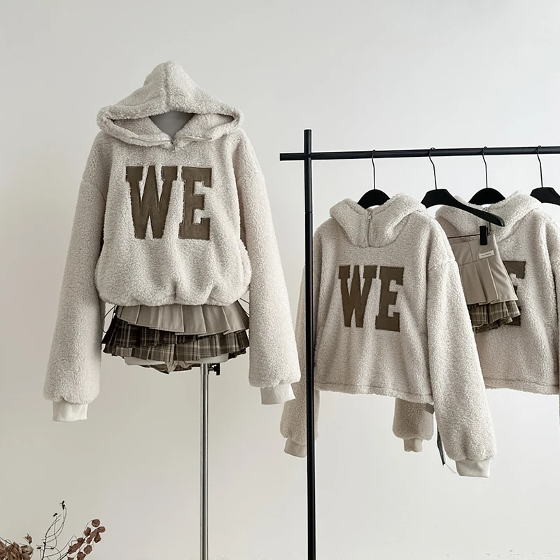 Apricot Lambskin Sweatshirts Long Sleeve Embroidered Letter Couple Hoodies Loose Casual Thick Warm Autumn Winter Jacket Coat