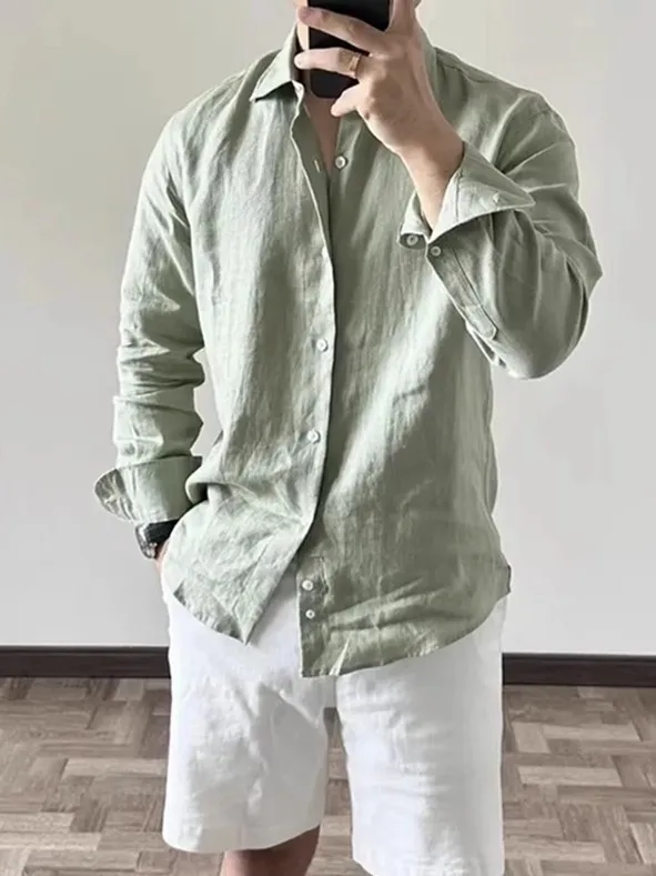 High-End Men\'s Cotton Linen Pleated Shirt Loose Breathable Long Sleeve Sun Protection Casual Versatile Linen  Color Shirt