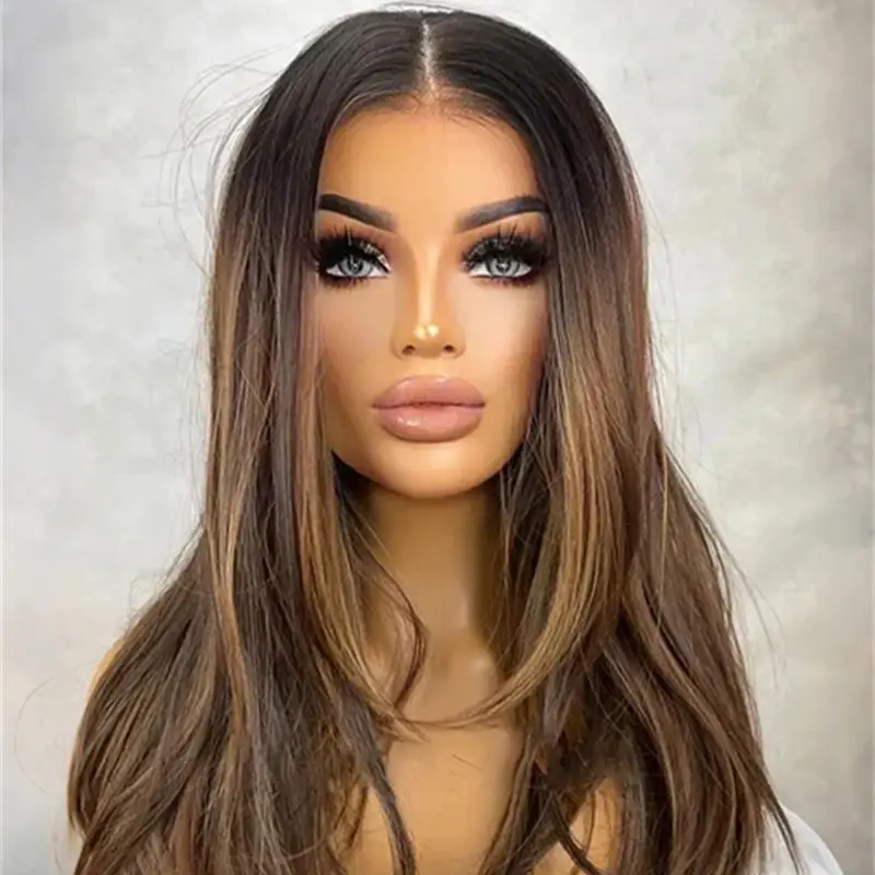 

Woman Wigs High Quality Wig New In Ombre Dark Brown Highlights Synthetic HD Lace Front Wig Glueless Preplucked Hairline 24 Inch