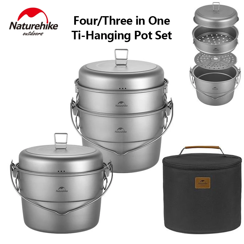 Naturehike 5.5L Titanium Hanging Pot Cookware Camping with Lid Handle Steam Rack Food Steamer Cookware Ultralight Portable