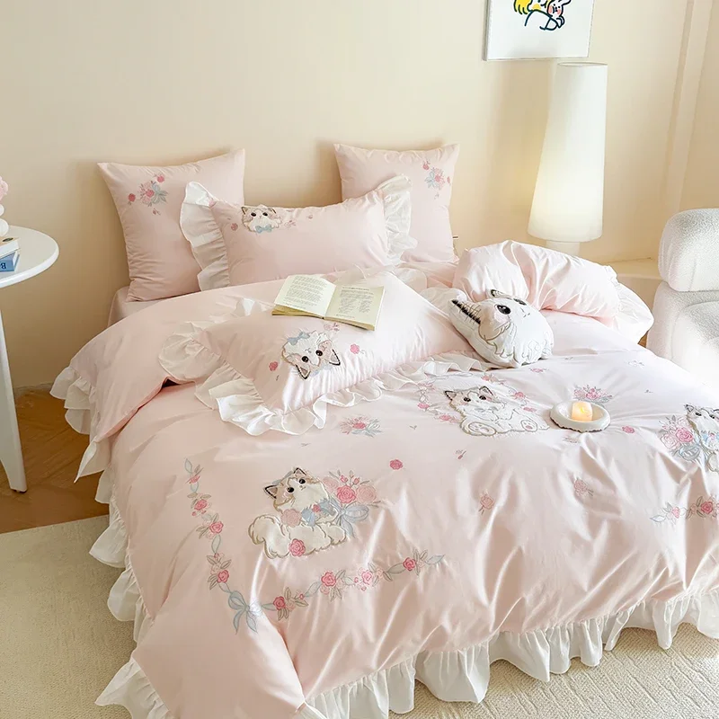 Pink Pure cotton cute cartoon cat embroidery 3/4Pcs Girls children's room bedroom bedding set ins style quilt cover bed sheet