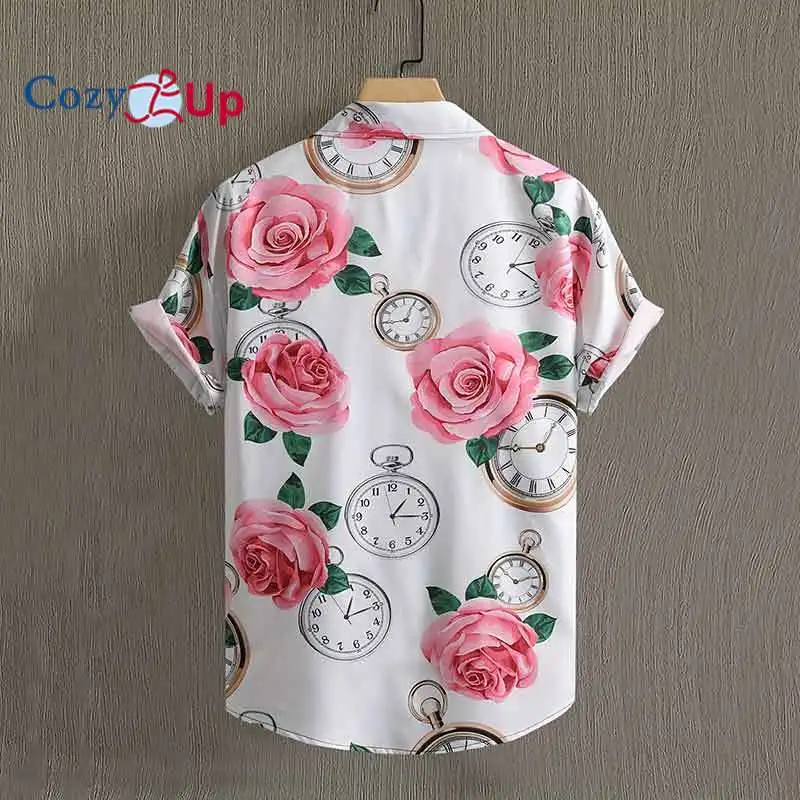 Rose Clock Pattern Casual Short Sleeve Shirt, Men's Hawaiian Shirt For Summer Vacation Resort