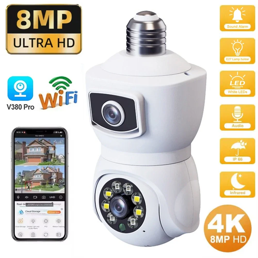 4K 8MP E27 Bulb WiFi Camera Dual Lens Dual Screen IP Camera Auto Tracking Two Way Audio Night Vision Outdoor Security Camcorder