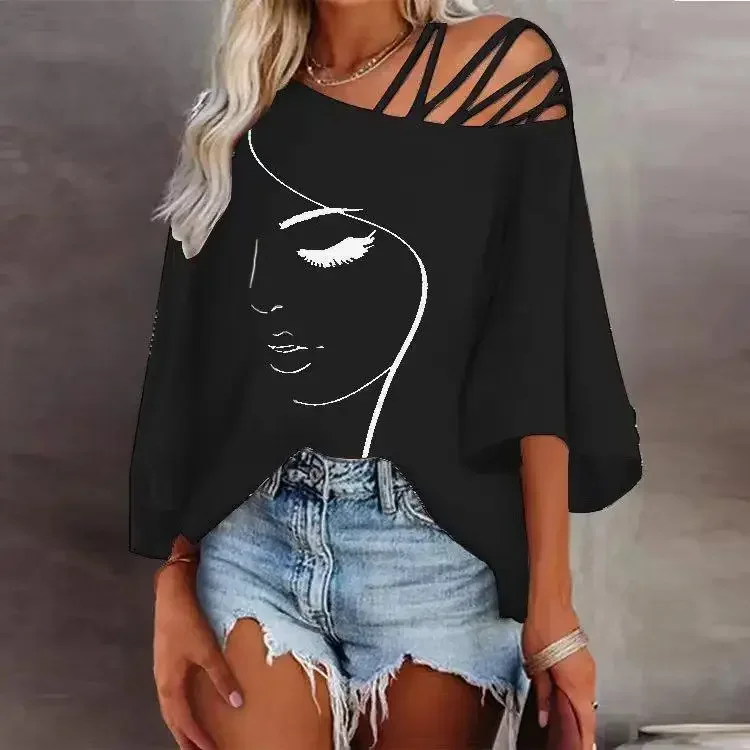 Women\'s Fashion Splicing Loose Slant Neck Face Printed T-shirt Casual Top 2024 Summer