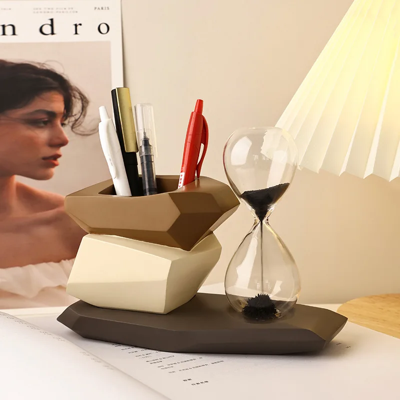 Minimalist Ins Stone Shape Desktop Ornaments High-end Pen Container Hourglass Living Room Wine Cabinet Office Desktop Decoration
