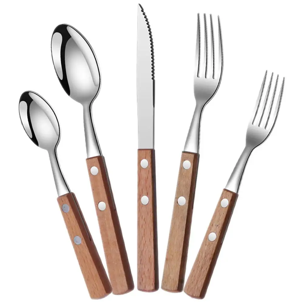 

5PCS Solid Wood Handle Stainless Steel Knife Fork Spoon Set Party Tableware Portable Serving Utensils Buffet Dining Accessories