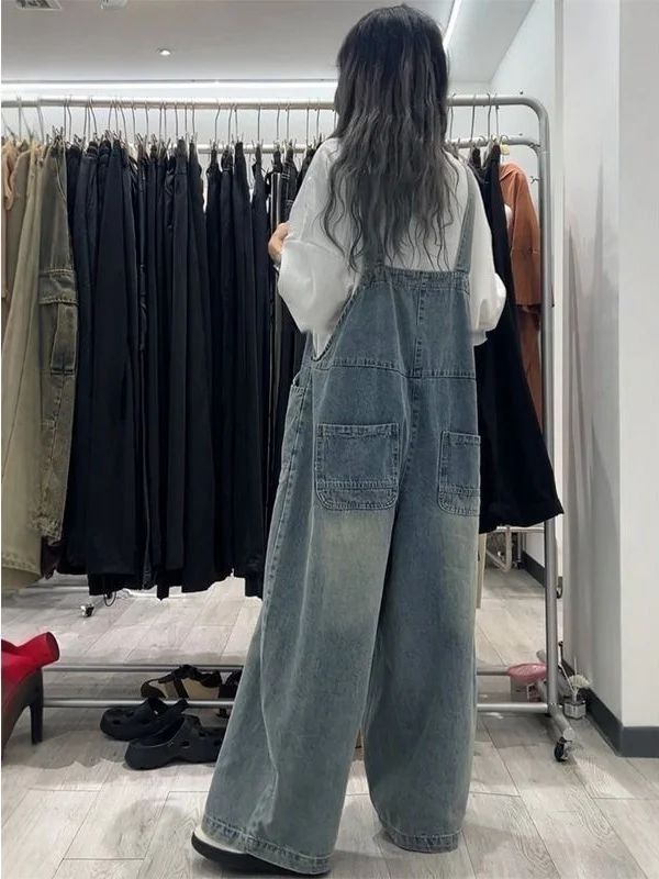 Retro Loose Slimming Denim Overalls Women's Wide Leg Pants Spring Summer Age Reduction Cute One-Piece Casual Comfortable Brea...