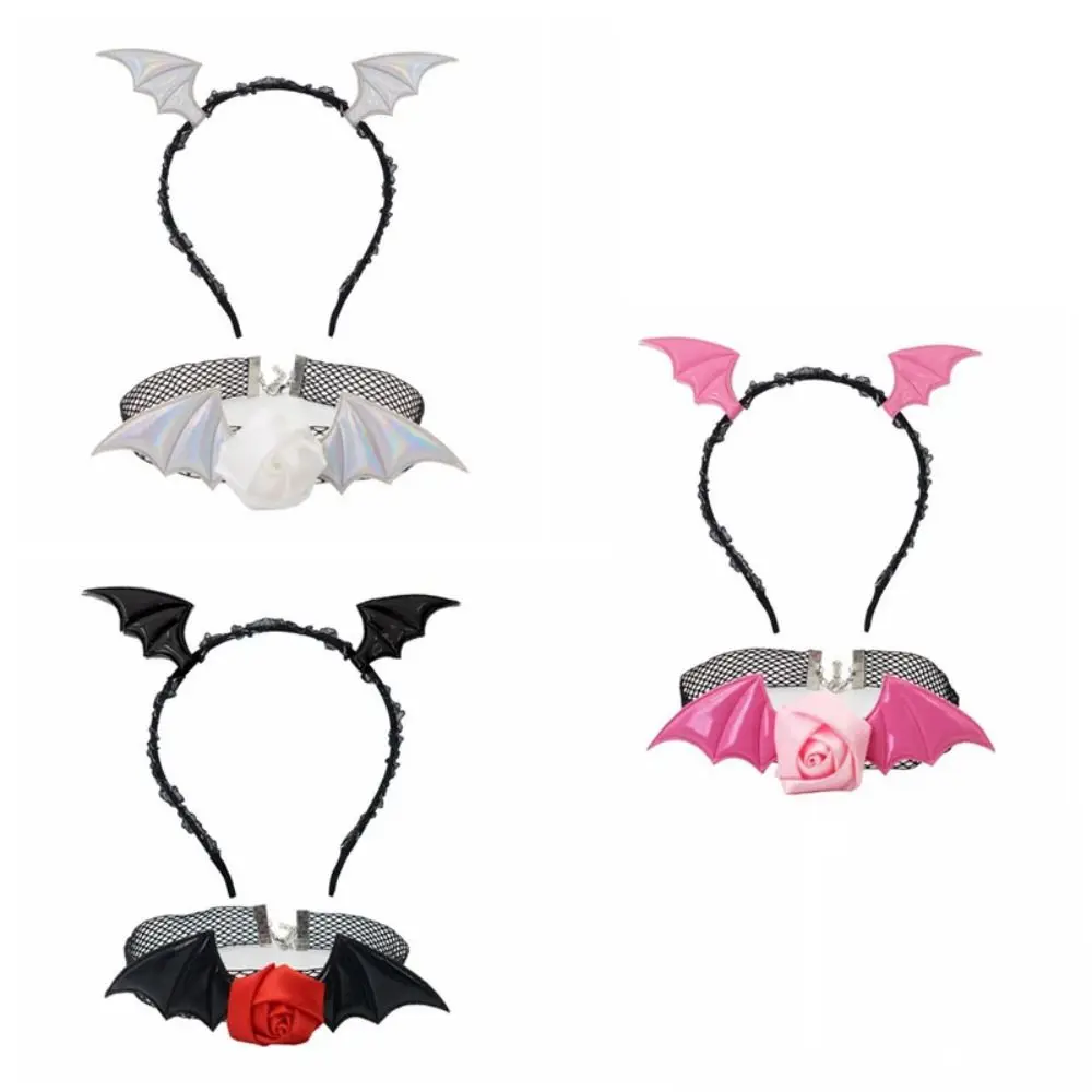 Punk Flower Bat Wings Hairband Mesh Lace Headband Necklace Set Gothic PU Leather Halloween Hair Hoop Kids