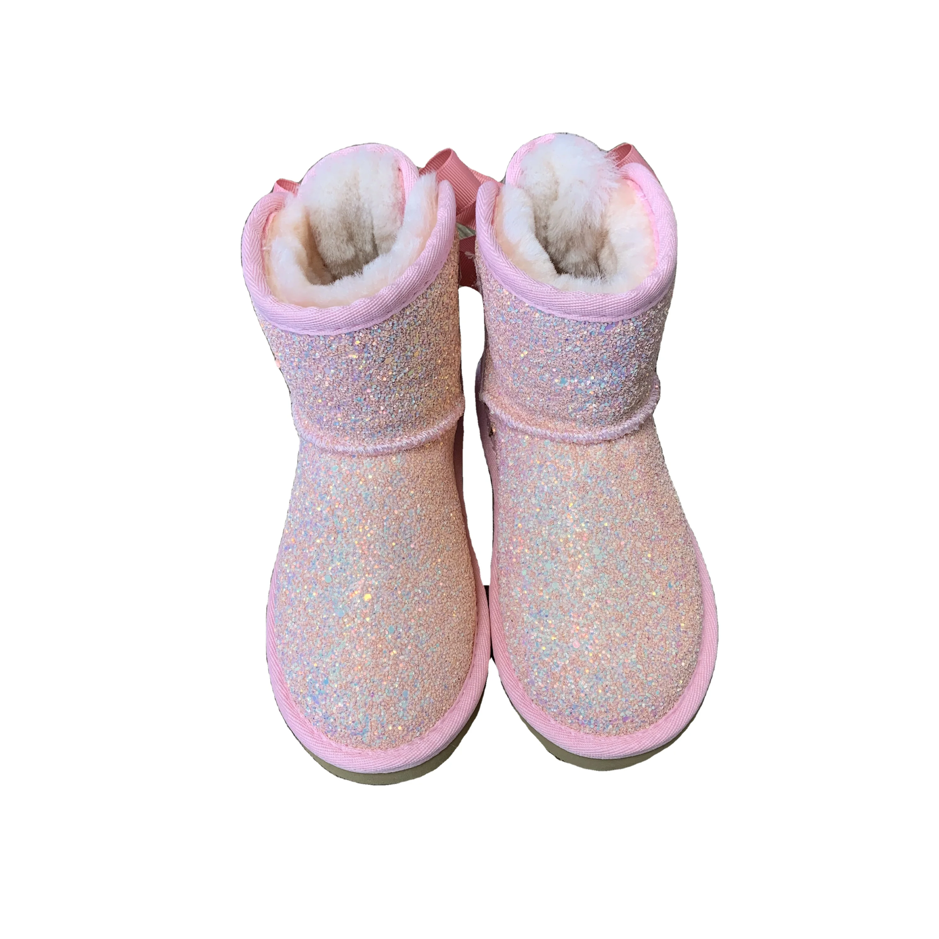 

Sparkle shoes Genuine Sheepskin Shoes Furry Raccoon Fur Trimed Kids Women Winter Fur Snow Boots with bows