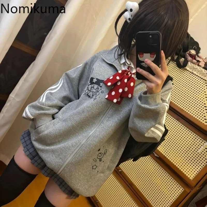 Black Cute Sweatshirts Coat 2024 Women\'s Clothing Stand Neck Zipper Jackets Y2k Tops Fashion Casual Anime Hoodies Ropa Mujer