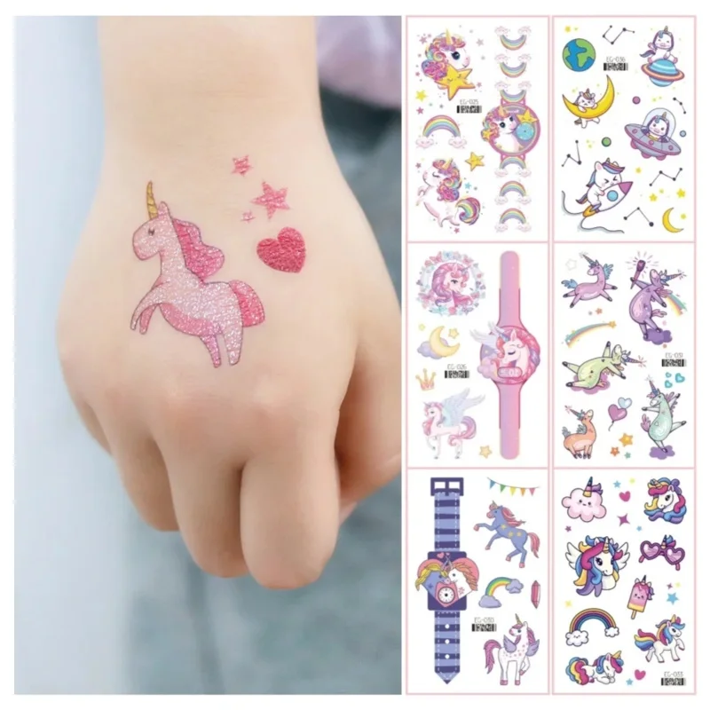 Disposable Cartoon Unicorn Glitter Powder Temporary Tattoo Kids Wristwatch Make-up Stickers Waterproof Space tatouage temporaire