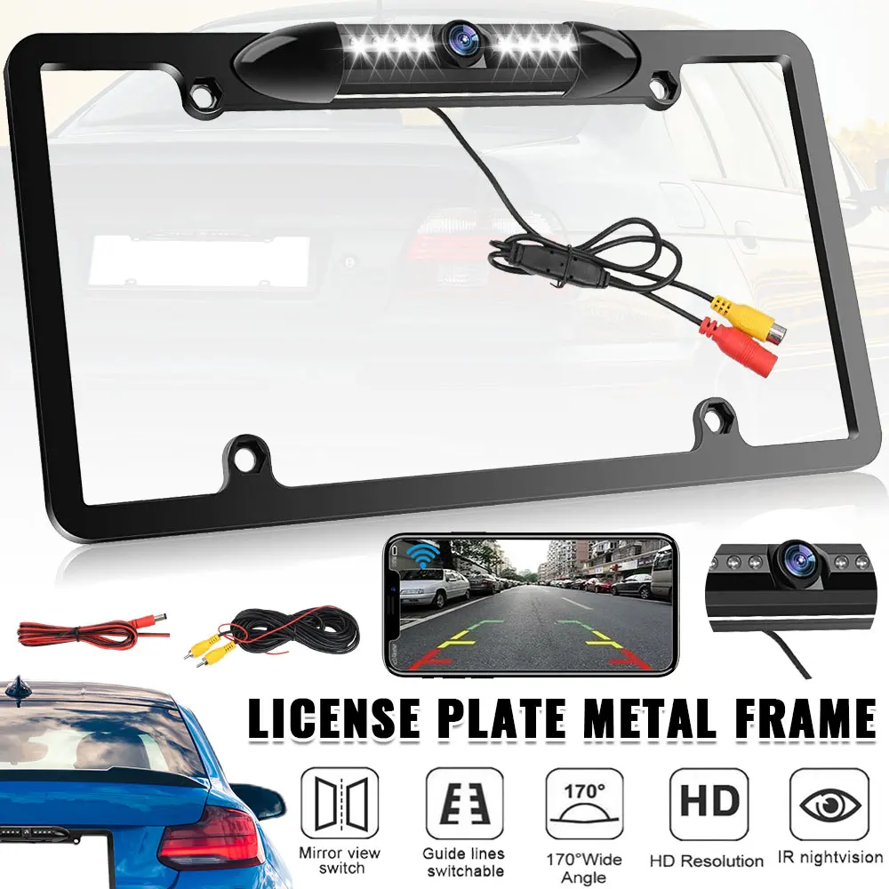 لوحة ترخيص أمريكية بإطار أسود كاميرا سيارة عالية الدقة بالأشعة تحت الحمراء للرؤية الليلية إطار جميل للرؤية الخلفية عكس الكاميرا