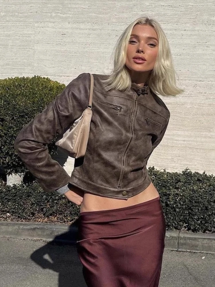 Chaqueta Corta de Cuero Sintético Estilo Motero con Cuello Alto, Diseño Retro Desgastado, para Mujer, Otoño Invierno, Nuevo E...