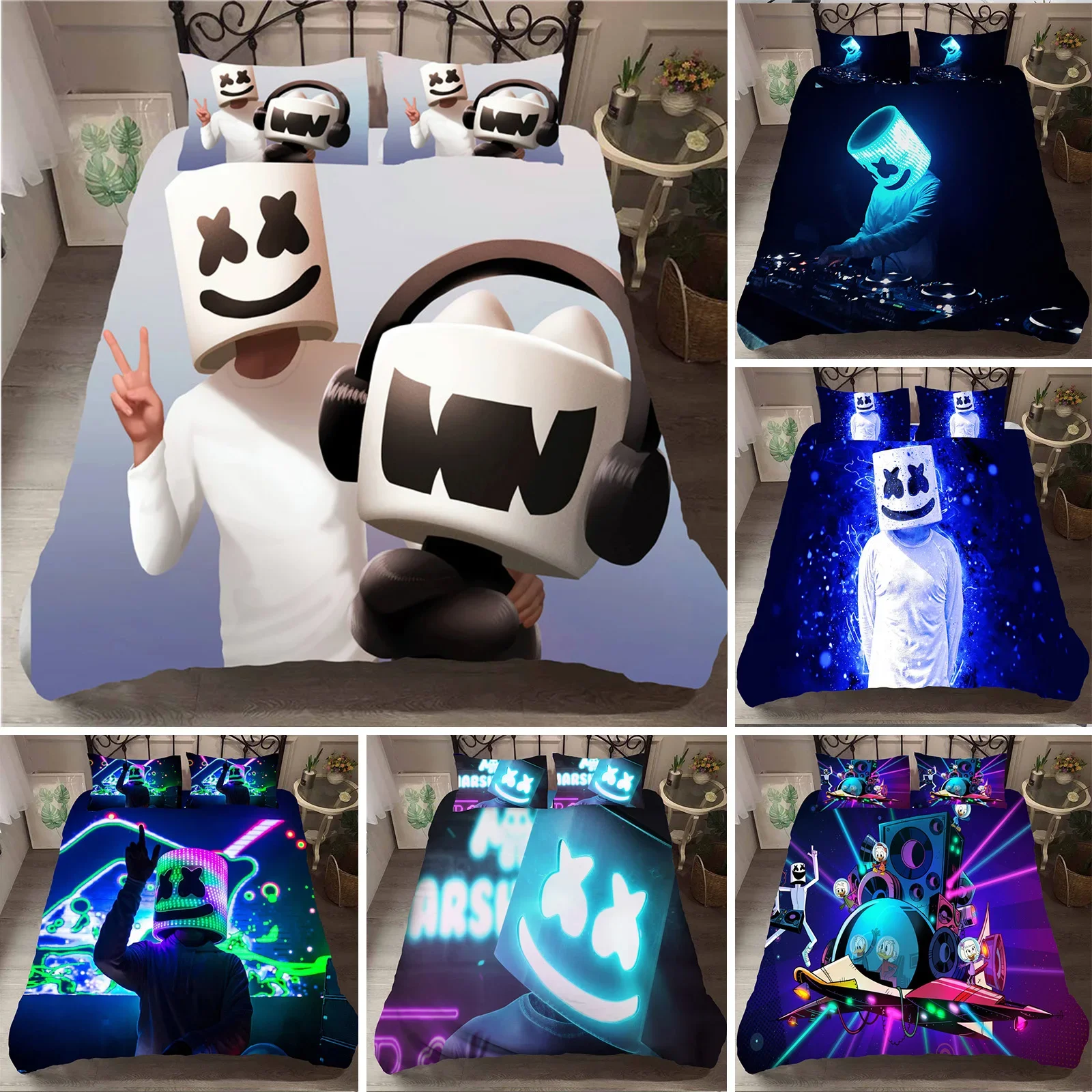 

DJ Lovers Bedding Set Bedroom Decor 3D Marshmello Pattern Duvet Cover with Pillow Cover Hip Pop Music EDM Mosaic DJ Bed Set