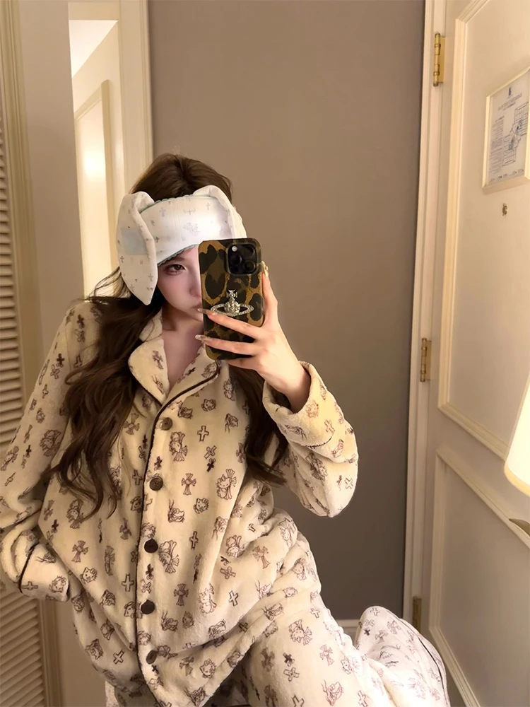 

Комплект FuunJ: винтажный домашний костюм с длинными рукавами для женщин, зимняя домашняя одежда из комфортной мягкой ткани, комплект из двух предметов