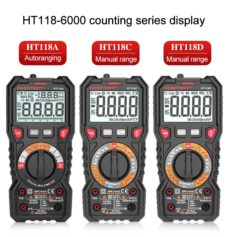 HT118 Digitalmultimeter Ture RMS 1000 V AC/DC 6000 Zählungen Voltmeter Auto/Manueller Bereich NCV Hz Diode Ohm Tester mit Hintergrundbeleuchtung – Detail 3