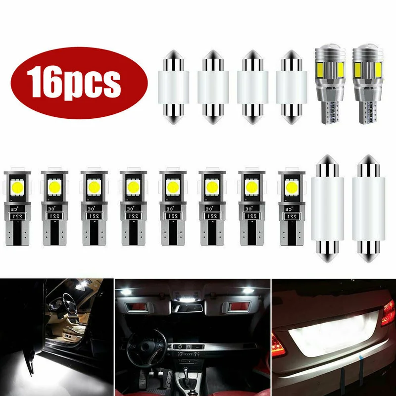 

16PCS Super White SMD LED Lights Interior Parts Package Kit Car Tuning Inside Bulbs Universal Creative Decoration Accessories