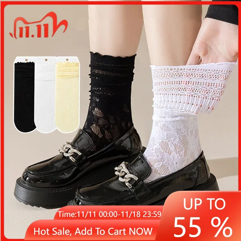 Lolita Sweet Lace Flower Mesh Pile Socks Women Retro Hollow Transparent Mid Tube Socks Girls Lady Casual Breathable Cotton Socks