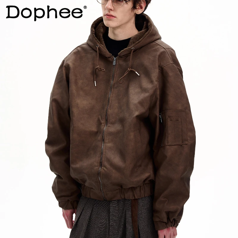 Fashion American Style Faux Two-Piece Splicing Hooded Faux Leather Jackets Parkas Men Women 2025 Winter New Thickened Jackets