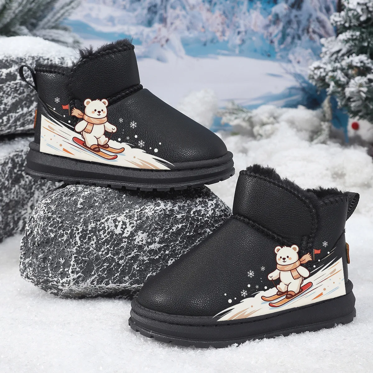 Kids Winter Snow Boots Cute Bear Black Leather Boots Warm Fluffy Inside Non-Slip Rubber Thick Sole Ankle Booties for Boys Girls
