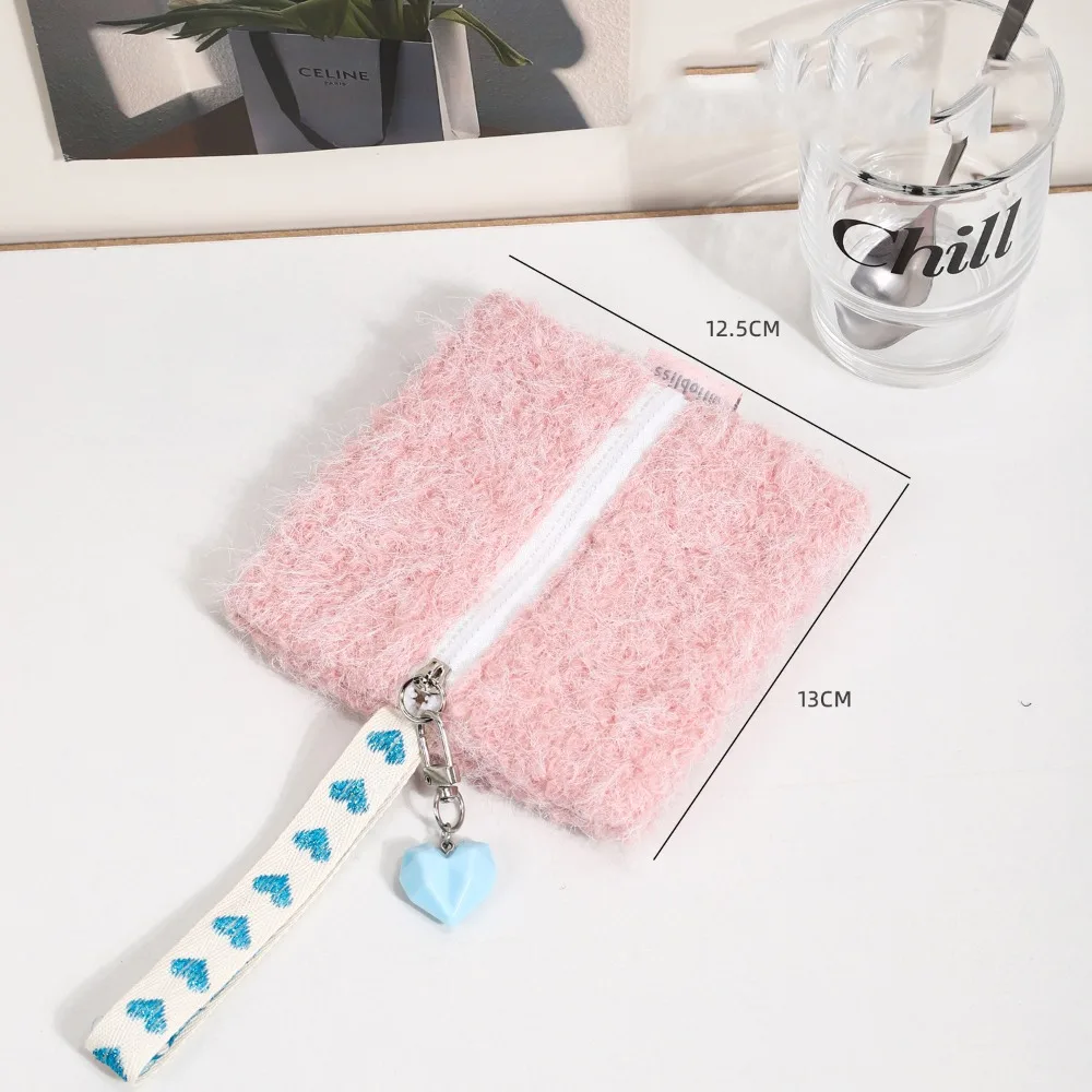 

Trendy Mini Plush Card Bag with Heart Pendant Soft Makeup Handbags Simple Large Capacity Headphone Bag