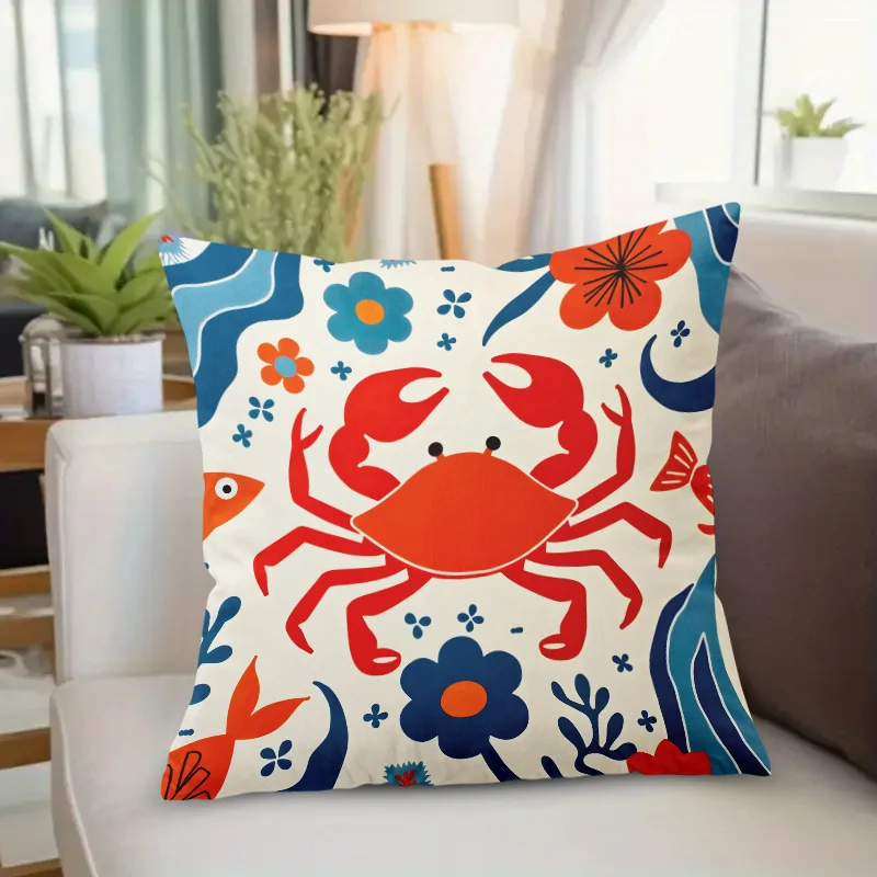 1pc Crab & Floral Print Throw Pillow Cover Double Sided Zipper Cushion Case 16x16 18x18 20x20 Inch Living Room Bedroom Decor