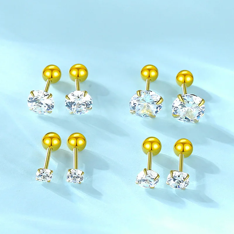 

925 Sterling Silver Luxury Round Zircon Simple Bead Stud Earrings Brincos for Women Fashion Body Piercing Jewelry Accessories