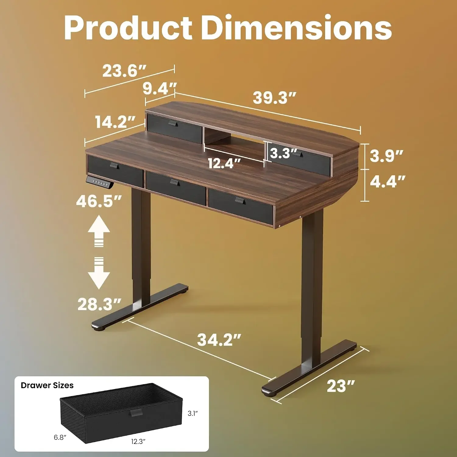 40 x 24 Inch Electric Standing Desk with 4 Drawers, Walnut | 4 Drawers For Organized Storage, Raised Monitor Shelf, C-Clamp