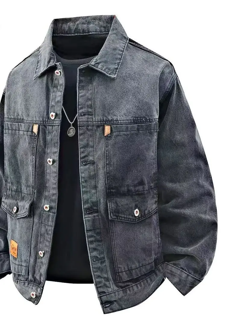 Classic Loose Casual Men's Denim Jacket Spring Autumn Wear Resistant Multi-Pocket Workwear Classic All-Match Loose Fit Jacket