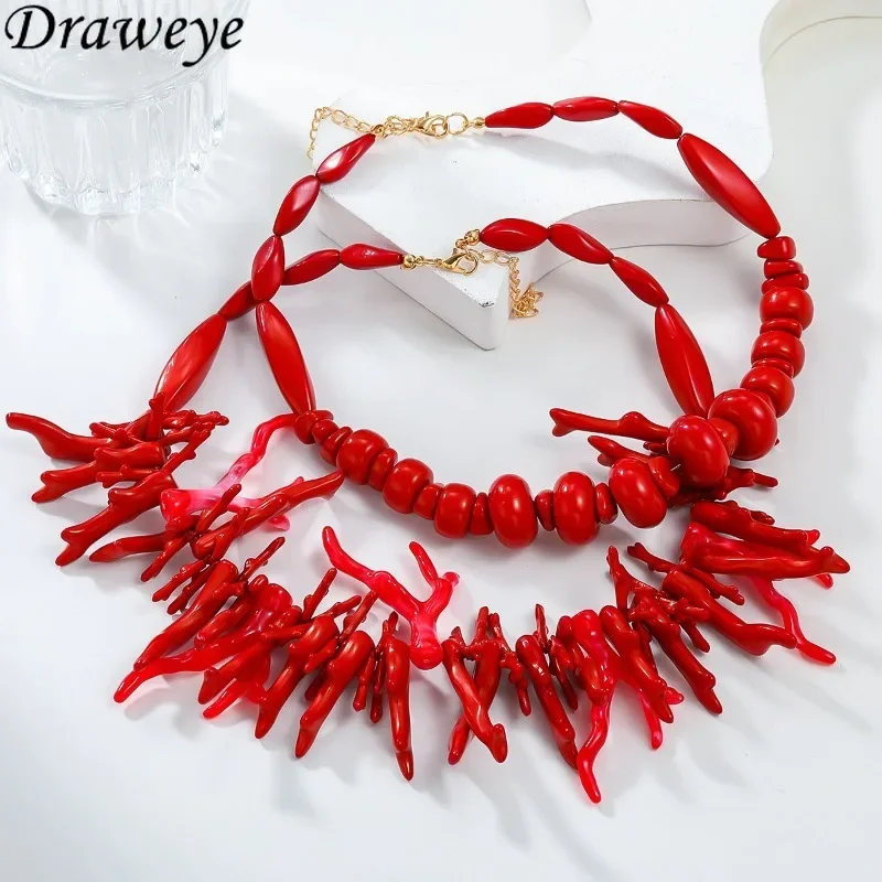 Draweye 2 Pieces Jewelry Sets Red Bohemia American Retro Fashion Chokers Necklaces for Women Coral Punk Collares Para Mujer