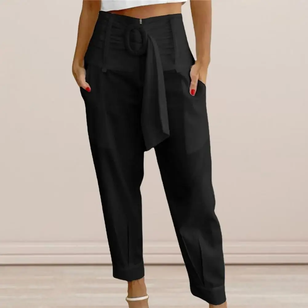 Ladies Long Pants With Pockets Elastic Waist Wide Leg Ninth Pants Casual Wear Temperament Women Fashion Loose Linen Trousers